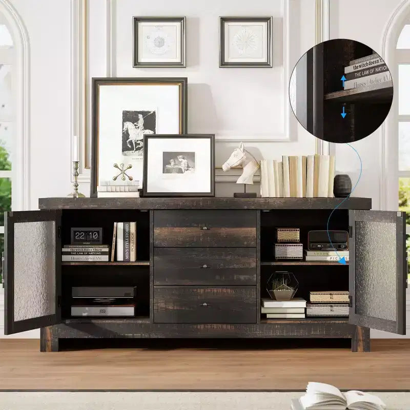 Aparador de madera de 54.4 con 2 puertas de vidrio y 3 cajones, mueble de almacenamiento decorativo, estación de café y soporte de TV para el comedor y la sala de estar