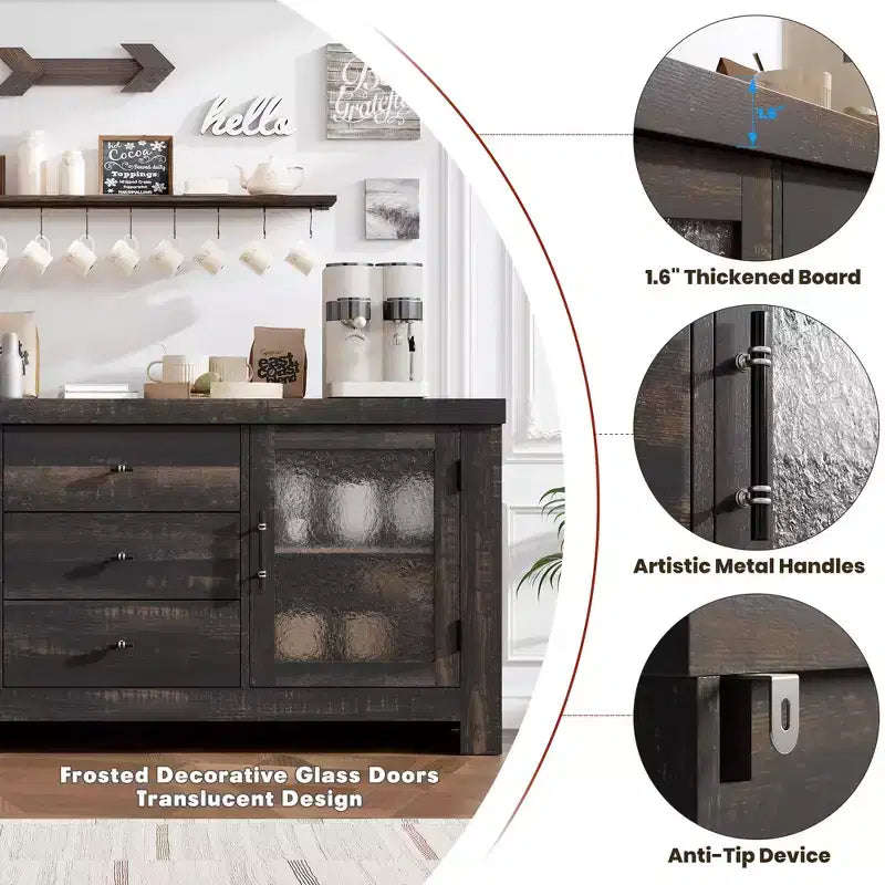 Aparador de madera de 54.4 con 2 puertas de vidrio y 3 cajones, mueble de almacenamiento decorativo, estación de café y soporte de TV para el comedor y la sala de estar