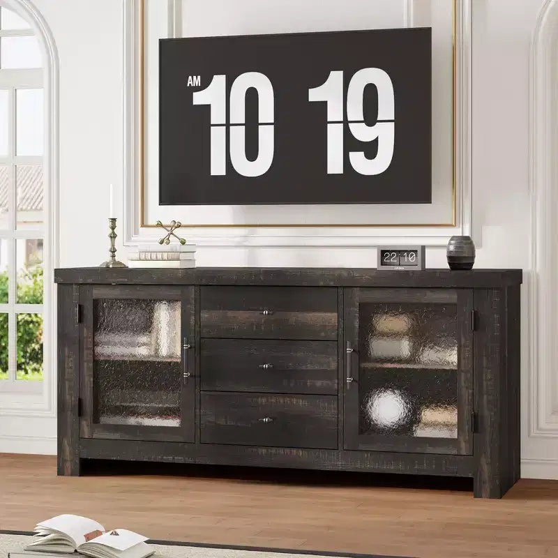 Aparador de madera de 54.4 con 2 puertas de vidrio y 3 cajones, mueble de almacenamiento decorativo, estación de café y soporte de TV para el comedor y la sala de estar