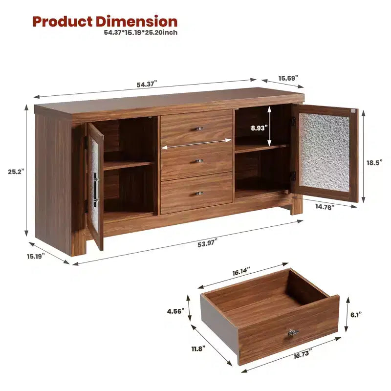 Aparador de madera de 54.4 con 2 puertas de vidrio y 3 cajones, mueble de almacenamiento decorativo, estación de café y soporte de TV para el comedor y la sala de estar