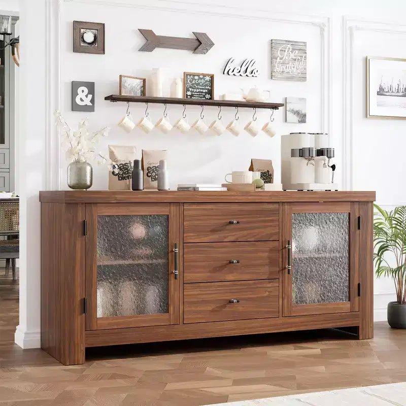 Aparador de madera de 54.4 con 2 puertas de vidrio y 3 cajones, mueble de almacenamiento decorativo, estación de café y soporte de TV para el comedor y la sala de estar