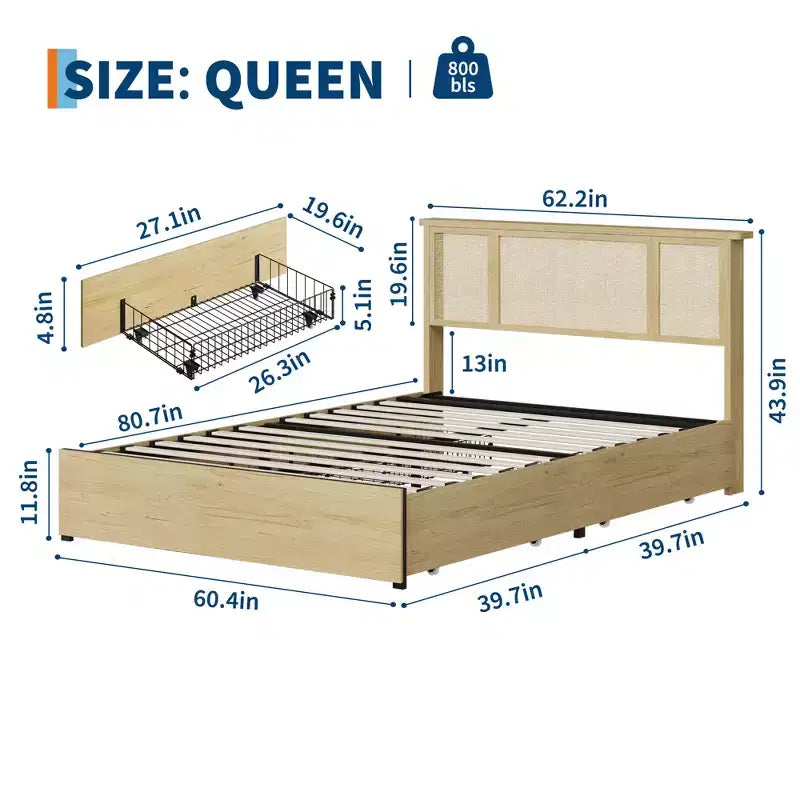 Estructura de cama con 4 cajones, cama de plataforma de metal con cabecero de ratán, láminas de madera, no necesita somier, acabado natural