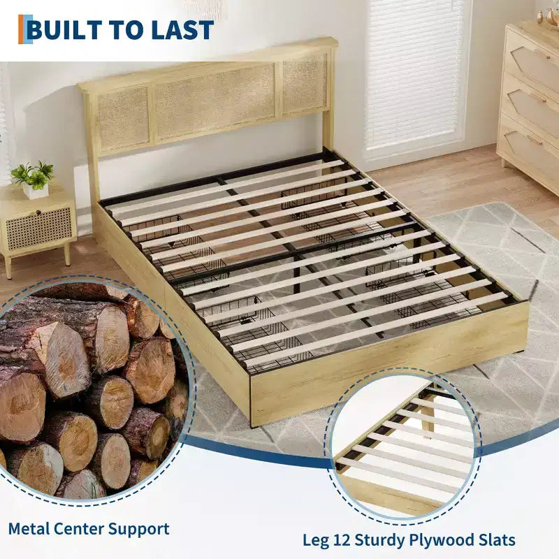 Estructura de cama con 4 cajones, cama de plataforma de metal con cabecero de ratán, láminas de madera, no necesita somier, acabado natural