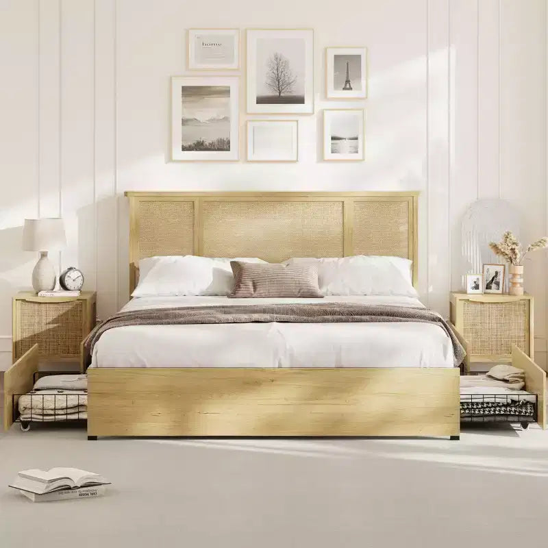 Estructura de cama con 4 cajones, cama de plataforma de metal con cabecero de ratán, láminas de madera, no necesita somier, acabado natural