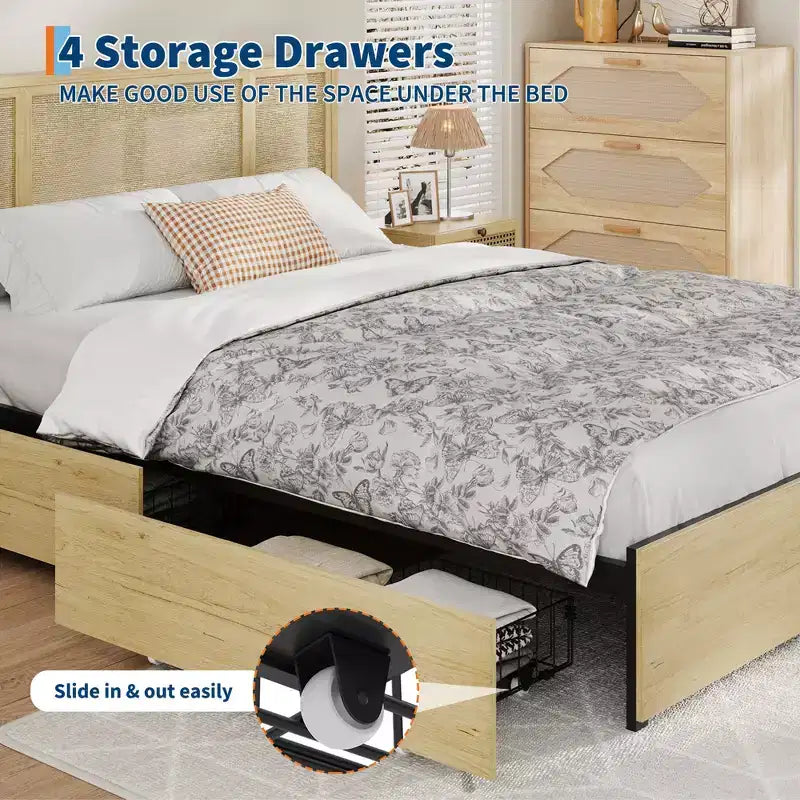 Estructura de cama con 4 cajones, cama de plataforma de metal con cabecero de ratán, láminas de madera, no necesita somier, acabado natural