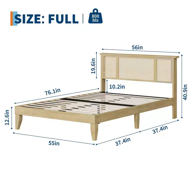 Estructura de cama con 4 cajones, cama de plataforma de metal con cabecero de ratán, láminas de madera, no necesita somier, acabado natural