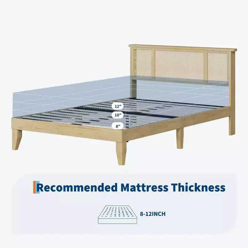 Estructura de cama con 4 cajones, cama de plataforma de metal con cabecero de ratán, láminas de madera, no necesita somier, acabado natural