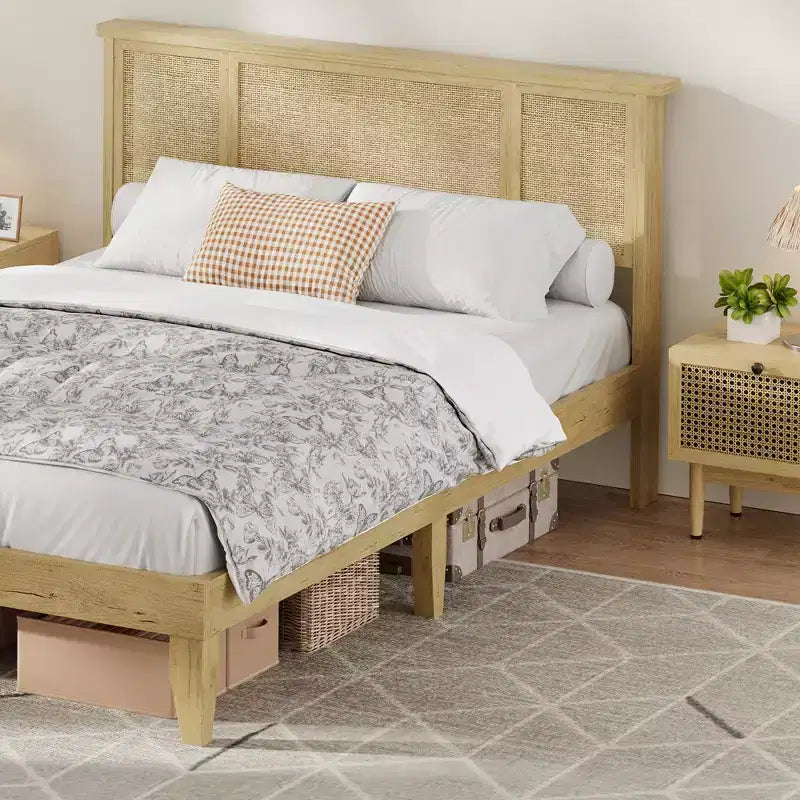 Estructura de cama con 4 cajones, cama de plataforma de metal con cabecero de ratán, láminas de madera, no necesita somier, acabado natural