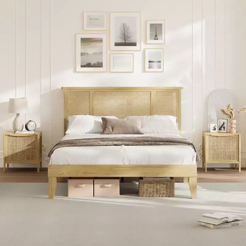 Estructura de cama con 4 cajones, cama de plataforma de metal con cabecero de ratán, láminas de madera, no necesita somier, acabado natural