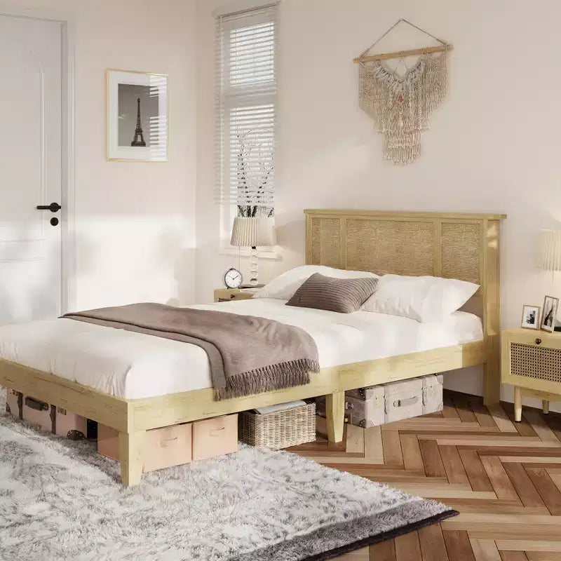 Estructura de cama con 4 cajones, cama de plataforma de metal con cabecero de ratán, láminas de madera, no necesita somier, acabado natural