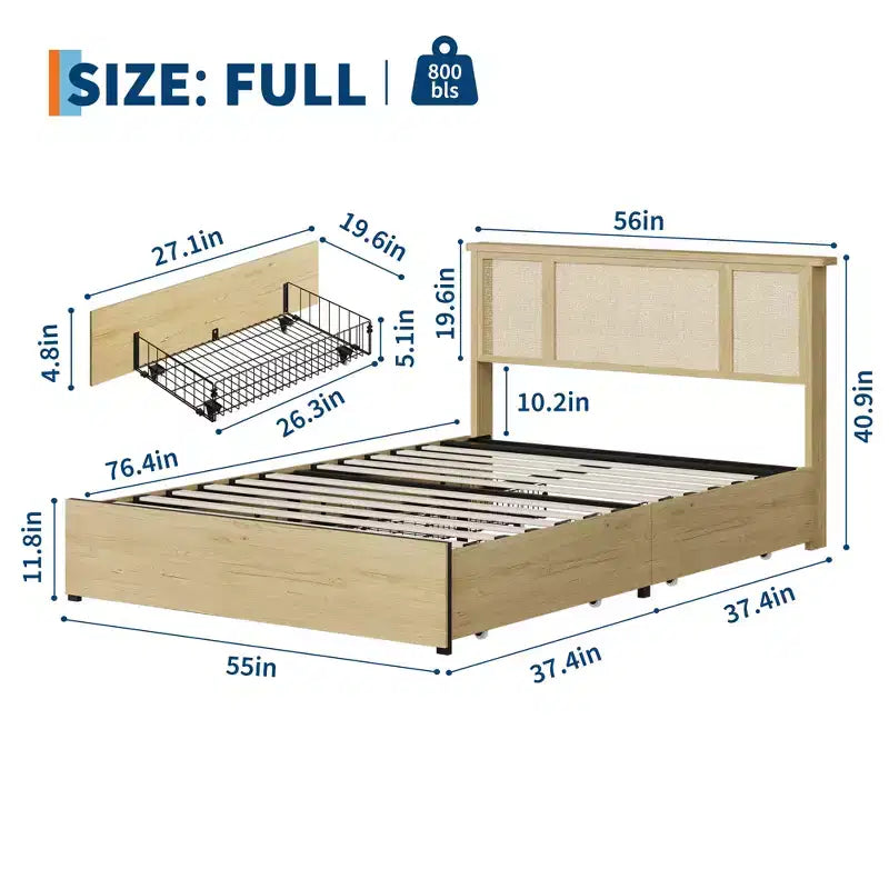 Estructura de cama con 4 cajones, cama de plataforma de metal con cabecero de ratán, láminas de madera, no necesita somier, acabado natural