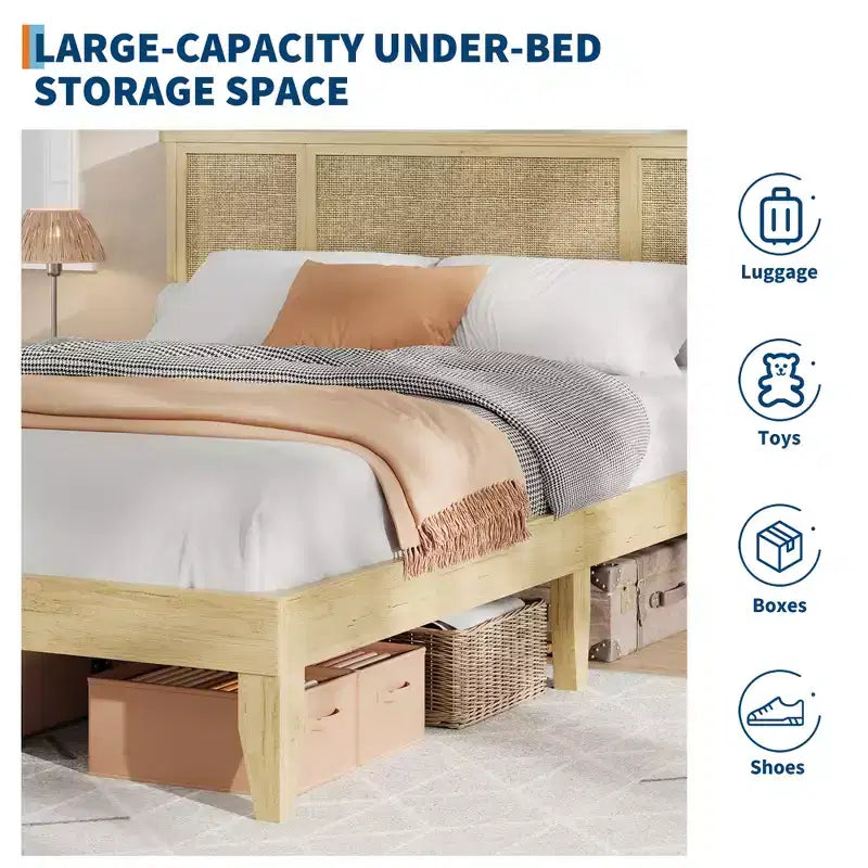 Estructura de cama con 4 cajones, cama de plataforma de metal con cabecero de ratán, láminas de madera, no necesita somier, acabado natural
