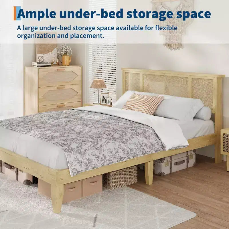 Estructura de cama con 4 cajones, cama de plataforma de metal con cabecero de ratán, láminas de madera, no necesita somier, acabado natural
