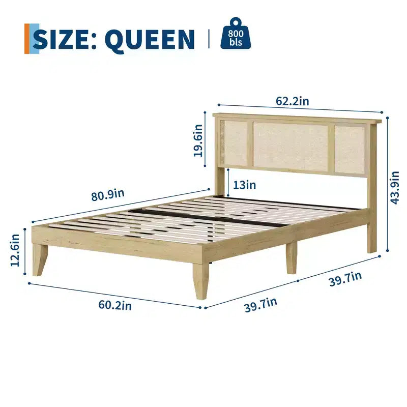 Estructura de cama con 4 cajones, cama de plataforma de metal con cabecero de ratán, láminas de madera, no necesita somier, acabado natural