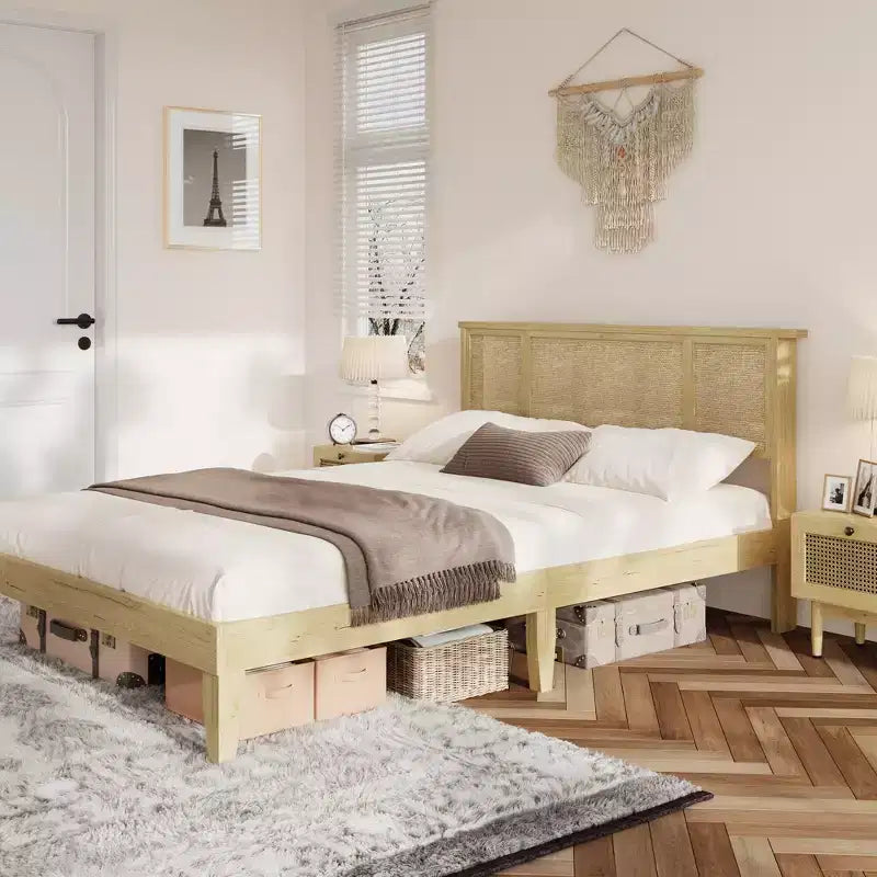 Estructura de cama con 4 cajones, cama de plataforma de metal con cabecero de ratán, láminas de madera, no necesita somier, acabado natural