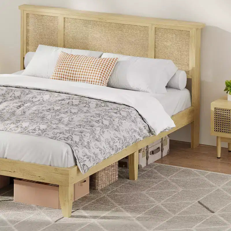 Estructura de cama con 4 cajones, cama de plataforma de metal con cabecero de ratán, láminas de madera, no necesita somier, acabado natural