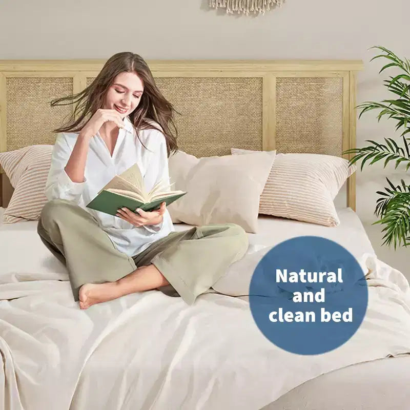 Estructura de cama con 4 cajones, cama de plataforma de metal con cabecero de ratán, láminas de madera, no necesita somier, acabado natural