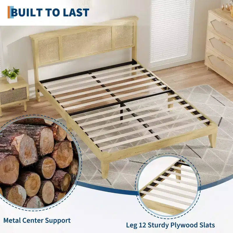 Estructura de cama con 4 cajones, cama de plataforma de metal con cabecero de ratán, láminas de madera, no necesita somier, acabado natural