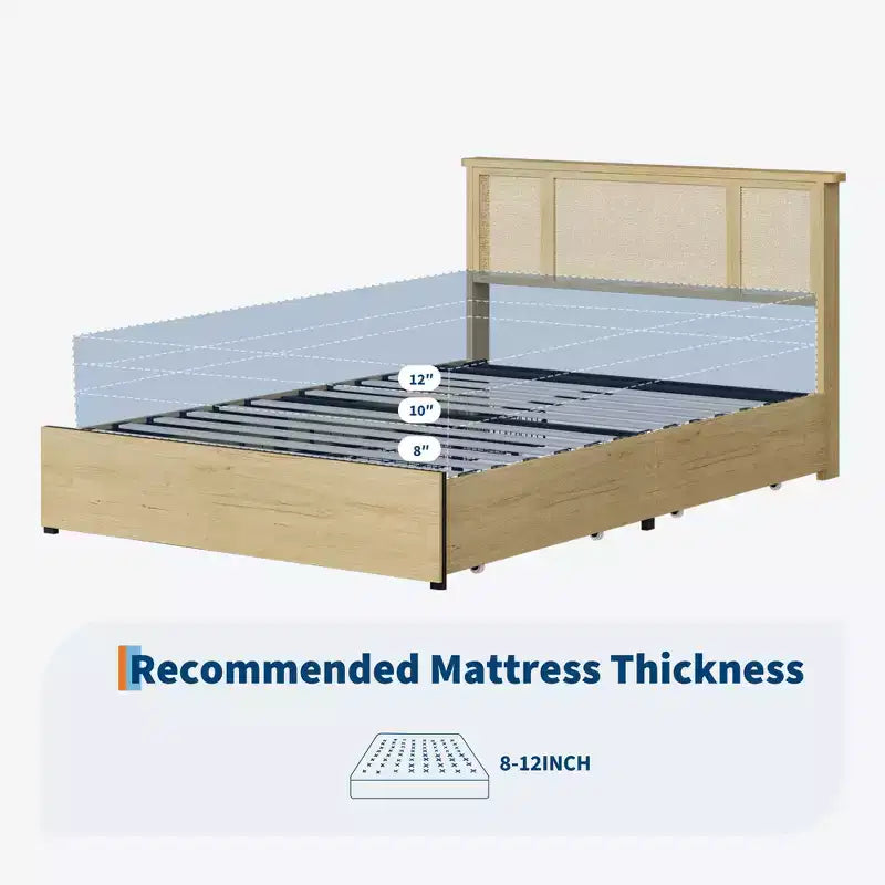 Estructura de cama con 4 cajones, cama de plataforma de metal con cabecero de ratán, láminas de madera, no necesita somier, acabado natural