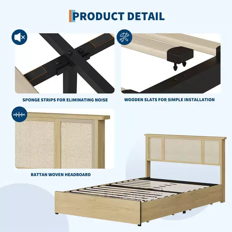 Estructura de cama con 4 cajones, cama de plataforma de metal con cabecero de ratán, láminas de madera, no necesita somier, acabado natural