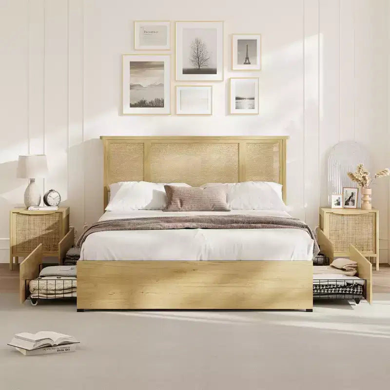 Estructura de cama con 4 cajones, cama de plataforma de metal con cabecero de ratán, láminas de madera, no necesita somier, acabado natural