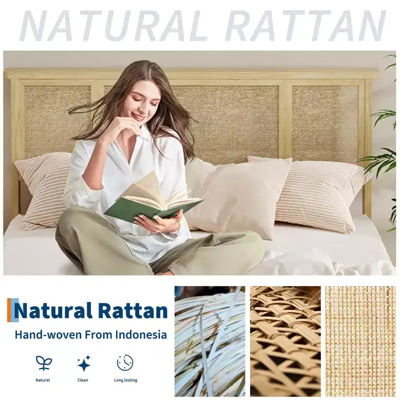 Estructura de cama con 4 cajones, cama de plataforma de metal con cabecero de ratán, láminas de madera, no necesita somier, acabado natural