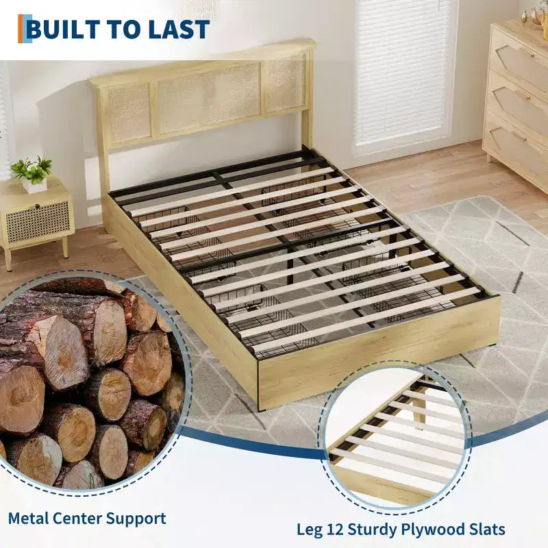 Estructura de cama con 4 cajones, cama de plataforma de metal con cabecero de ratán, láminas de madera, no necesita somier, acabado natural