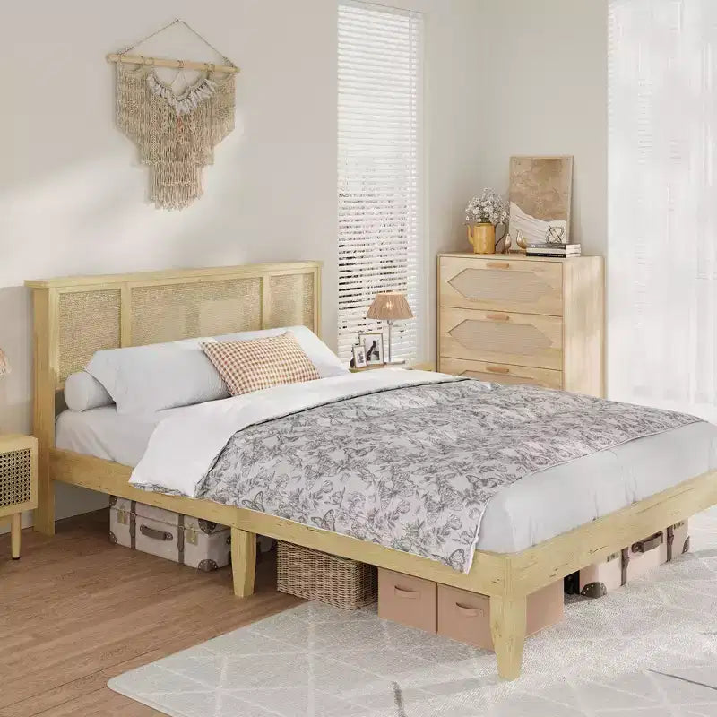 Estructura de cama con 4 cajones, cama de plataforma de metal con cabecero de ratán, láminas de madera, no necesita somier, acabado natural