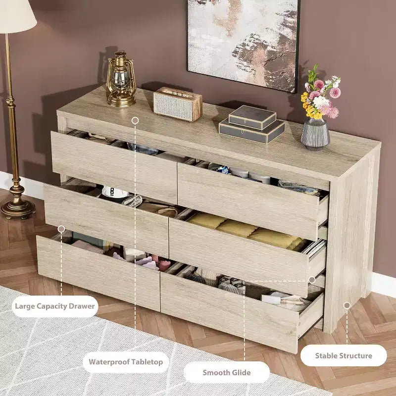 Moderne Kommode mit 6 Schubladen, 47.2'' breite Holzkommode - großer Aufbewahrungsschrank für Wohnzimmer, Flur und Eingangsbereich