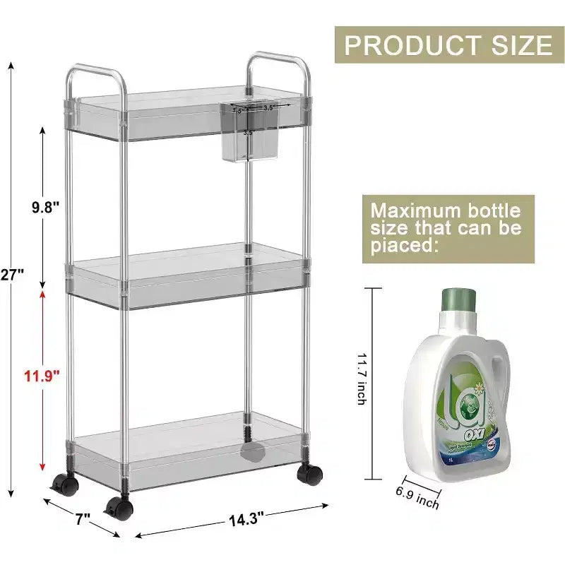 Carrito de almacenamiento acrílico con ruedas de 3 niveles, organizador transparente para el baño con ruedas, estantes extensibles, ganchos y portavasos para la lavandería, la oficina y la habitación