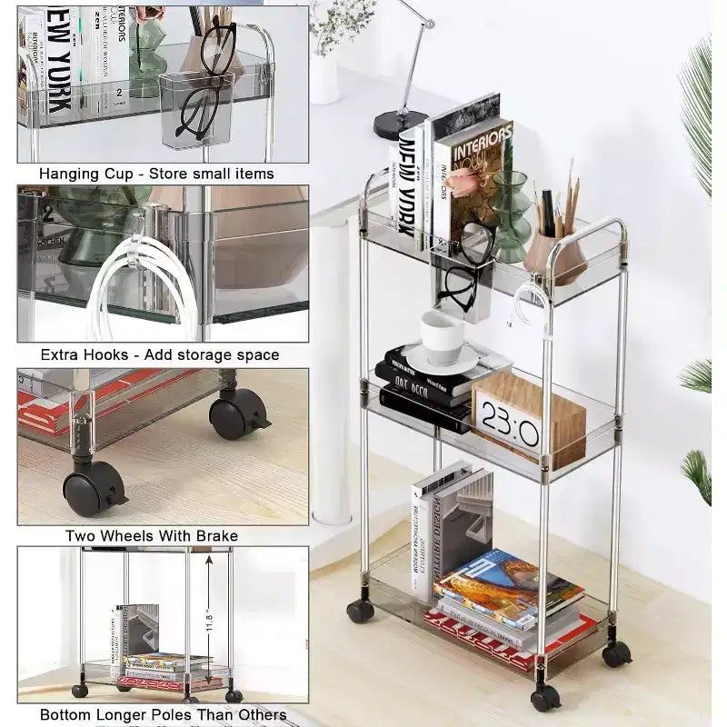 Carrito de almacenamiento acrílico con ruedas de 3 niveles, organizador transparente para el baño con ruedas, estantes extensibles, ganchos y portavasos para la lavandería, la oficina y la habitación