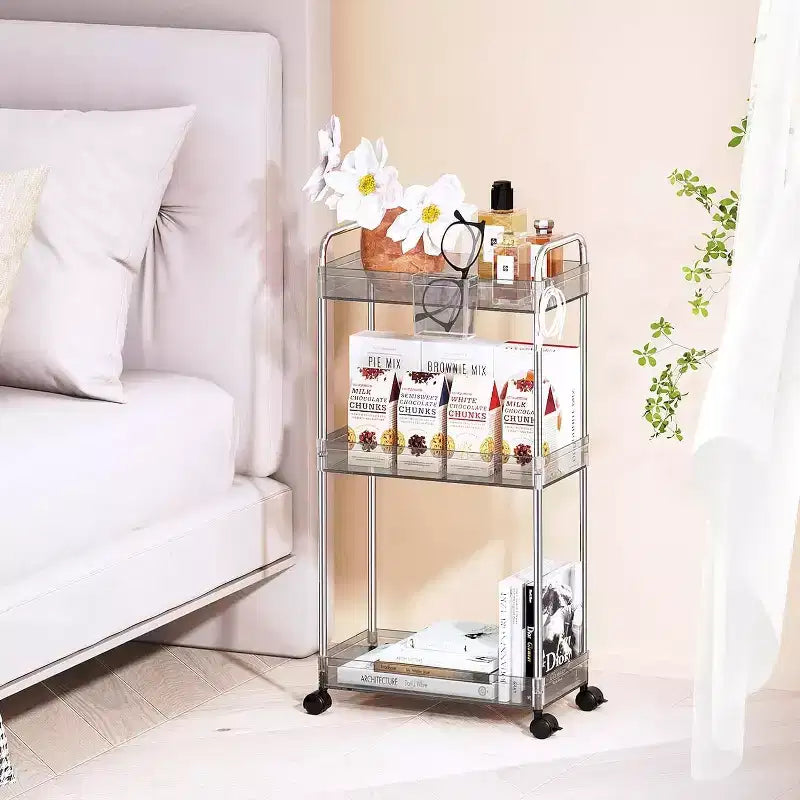 Carrito de almacenamiento acrílico con ruedas de 3 niveles, organizador transparente para el baño con ruedas, estantes extensibles, ganchos y portavasos para la lavandería, la oficina y la habitación