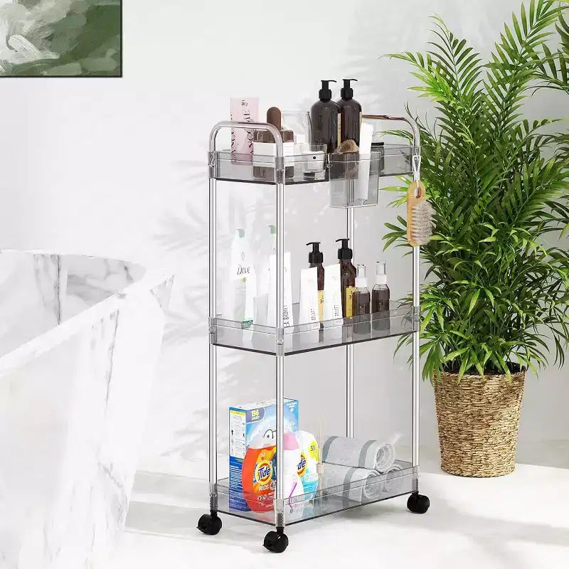 Carrito de almacenamiento acrílico con ruedas de 3 niveles, organizador transparente para el baño con ruedas, estantes extensibles, ganchos y portavasos para la lavandería, la oficina y la habitación