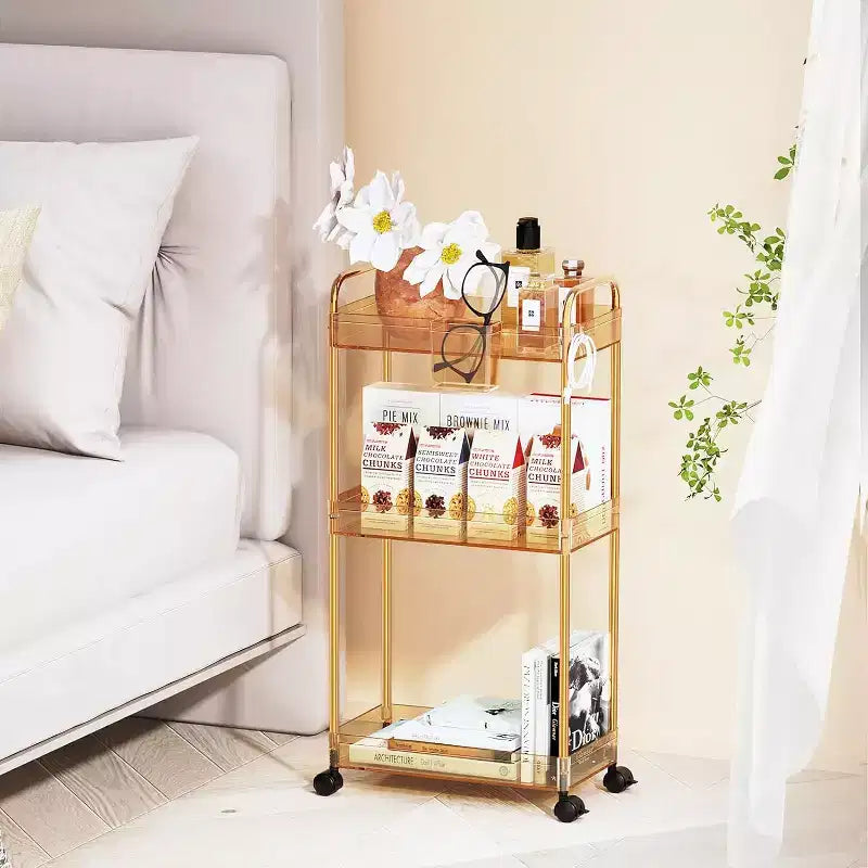 Carrito de almacenamiento acrílico con ruedas de 3 niveles, organizador transparente para el baño con ruedas, estantes extensibles, ganchos y portavasos para la lavandería, la oficina y la habitación