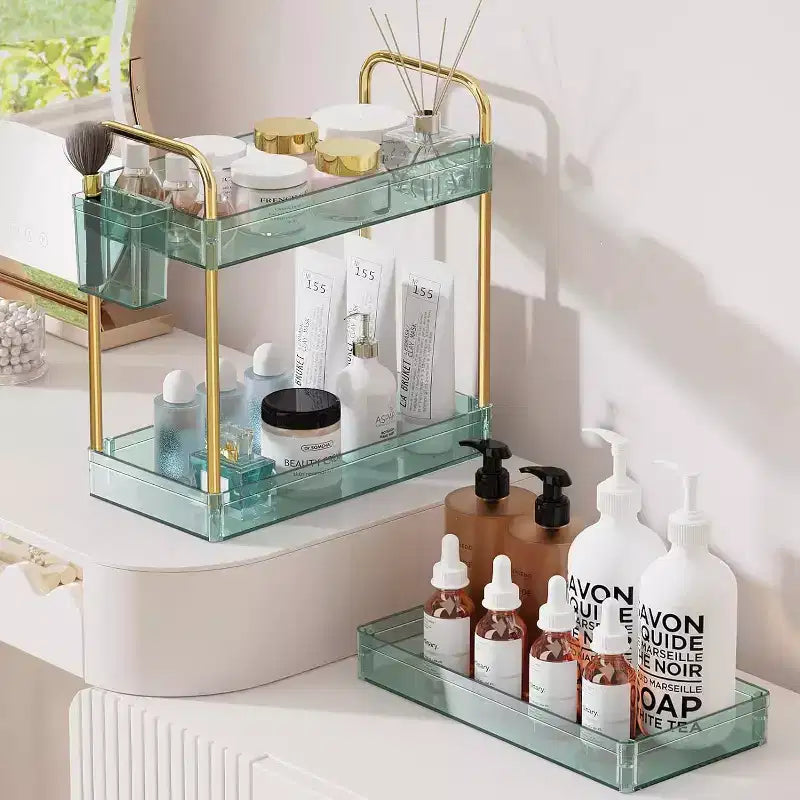 Carrito de almacenamiento acrílico con ruedas de 3 niveles, organizador transparente para el baño con ruedas, estantes extensibles, ganchos y portavasos para la lavandería, la oficina y la habitación