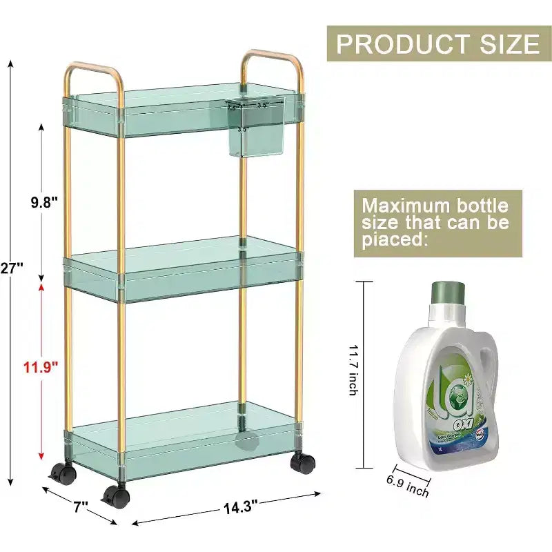 Carrito de almacenamiento acrílico con ruedas de 3 niveles, organizador transparente para el baño con ruedas, estantes extensibles, ganchos y portavasos para la lavandería, la oficina y la habitación