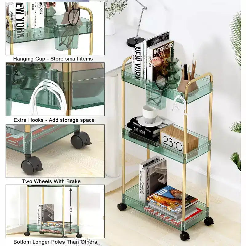 Carrito de almacenamiento acrílico con ruedas de 3 niveles, organizador transparente para el baño con ruedas, estantes extensibles, ganchos y portavasos para la lavandería, la oficina y la habitación