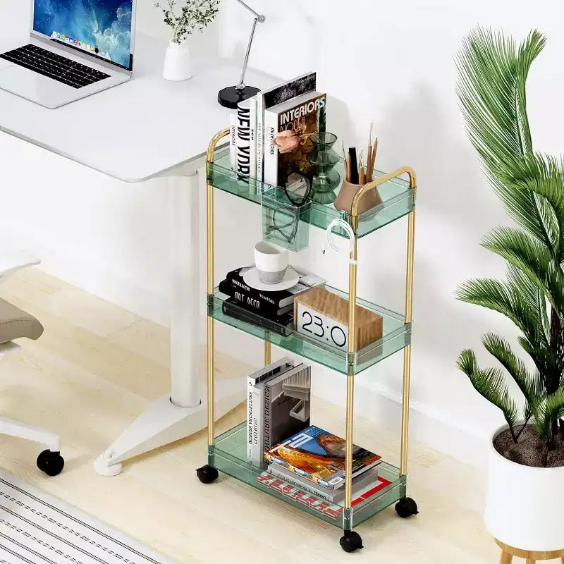 Carrito de almacenamiento acrílico con ruedas de 3 niveles, organizador transparente para el baño con ruedas, estantes extensibles, ganchos y portavasos para la lavandería, la oficina y la habitación