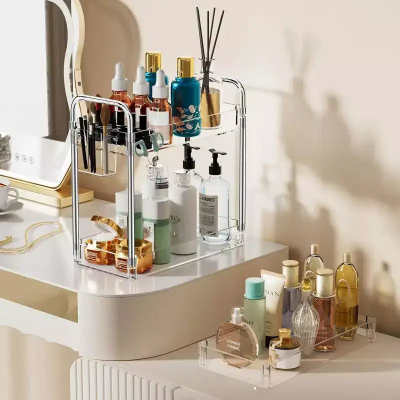 Chariot de rangement roulant en acrylique à 3 niveaux, organisateur de salle de bain transparent avec roulettes, étagères extensibles, crochets et porte-gobelet pour la buanderie, le bureau et la chambre