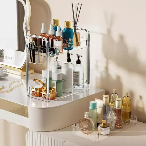 Carrito de almacenamiento acrílico con ruedas de 3 niveles, organizador transparente para el baño con ruedas, estantes extensibles, ganchos y portavasos para la lavandería, la oficina y la habitación