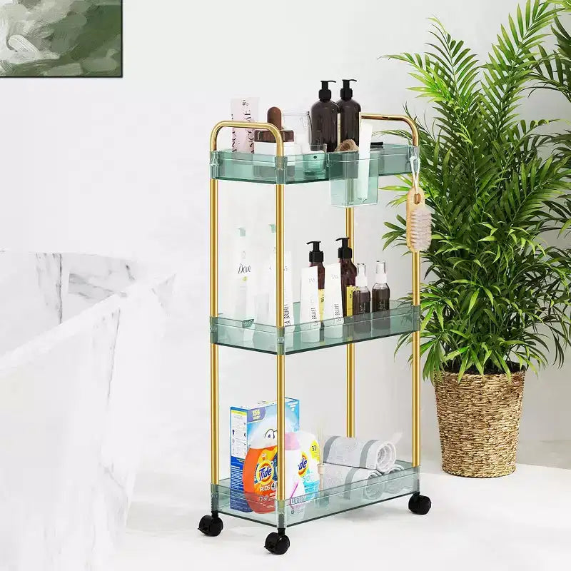 Carrito de almacenamiento acrílico con ruedas de 3 niveles, organizador transparente para el baño con ruedas, estantes extensibles, ganchos y portavasos para la lavandería, la oficina y la habitación