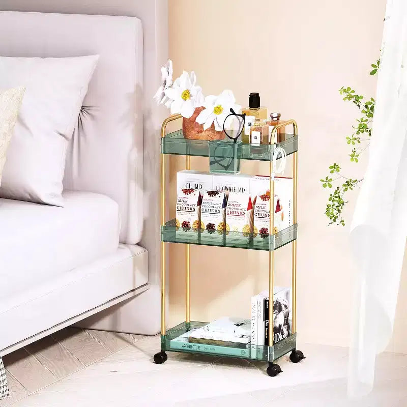 Carrito de almacenamiento acrílico con ruedas de 3 niveles, organizador transparente para el baño con ruedas, estantes extensibles, ganchos y portavasos para la lavandería, la oficina y la habitación