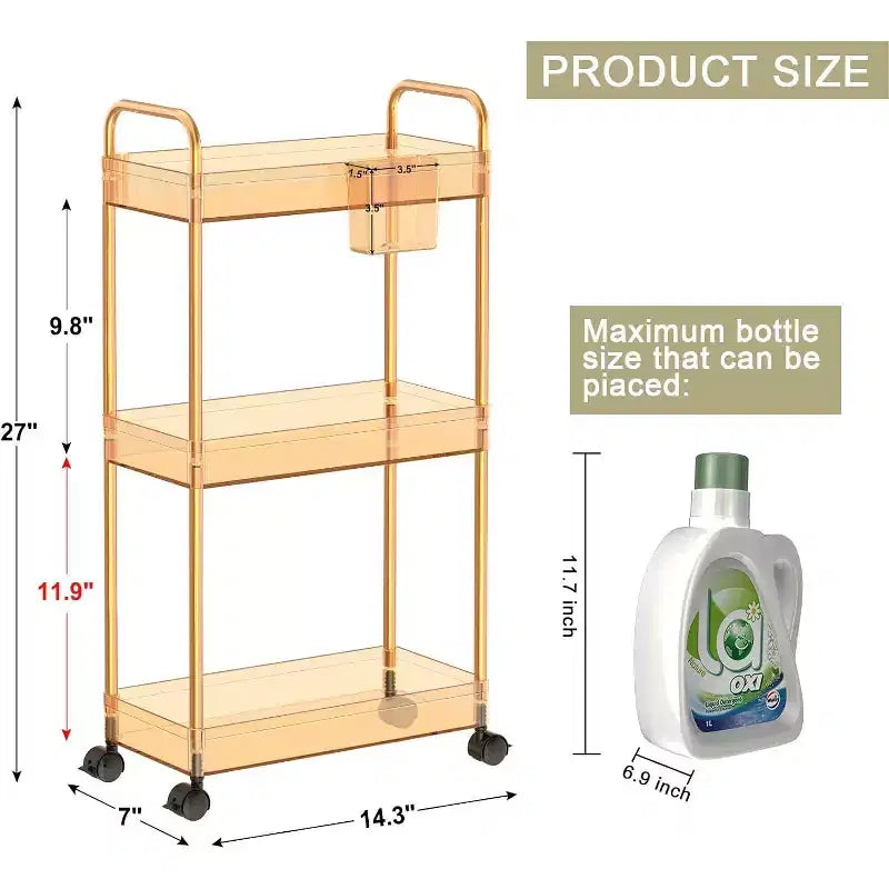 Carrito de almacenamiento acrílico con ruedas de 3 niveles, organizador transparente para el baño con ruedas, estantes extensibles, ganchos y portavasos para la lavandería, la oficina y la habitación