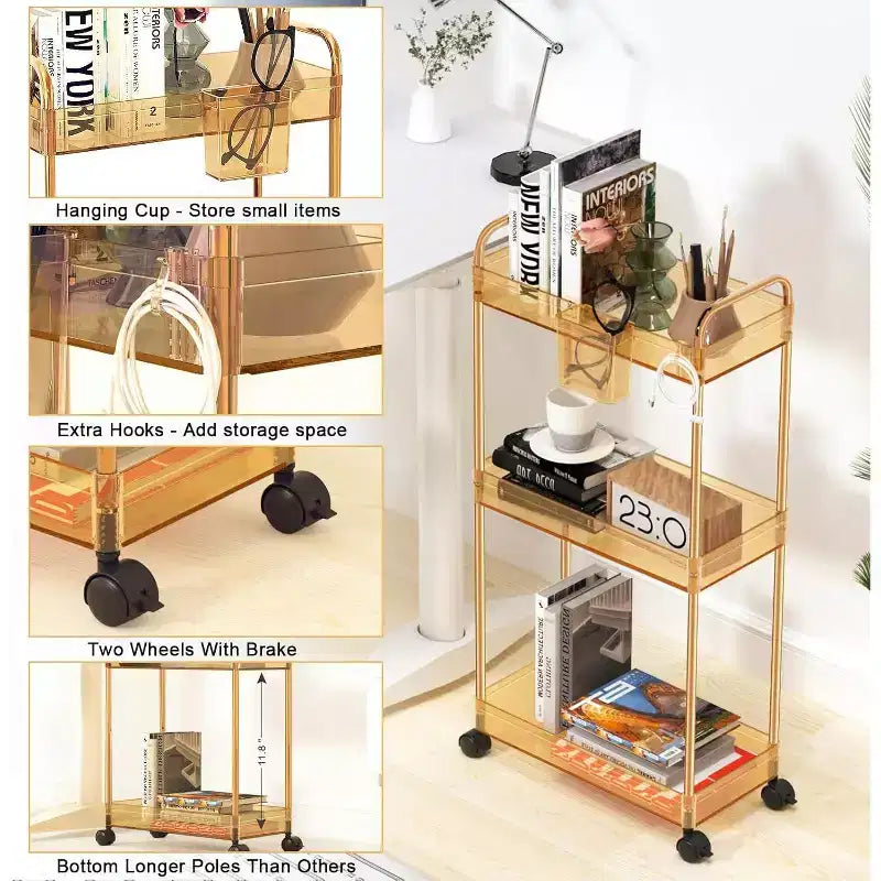 Carrito de almacenamiento acrílico con ruedas de 3 niveles, organizador transparente para el baño con ruedas, estantes extensibles, ganchos y portavasos para la lavandería, la oficina y la habitación