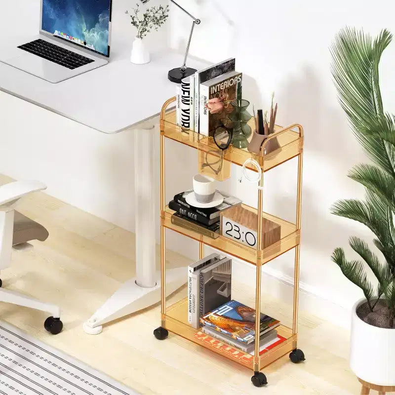 Carrito de almacenamiento acrílico con ruedas de 3 niveles, organizador transparente para el baño con ruedas, estantes extensibles, ganchos y portavasos para la lavandería, la oficina y la habitación