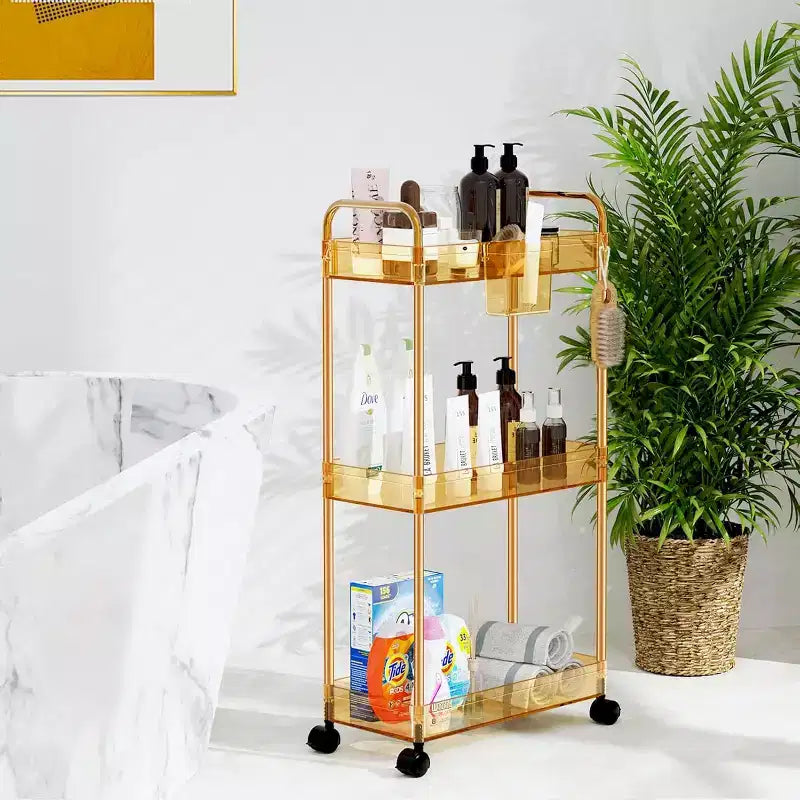 Carrito de almacenamiento acrílico con ruedas de 3 niveles, organizador transparente para el baño con ruedas, estantes extensibles, ganchos y portavasos para la lavandería, la oficina y la habitación