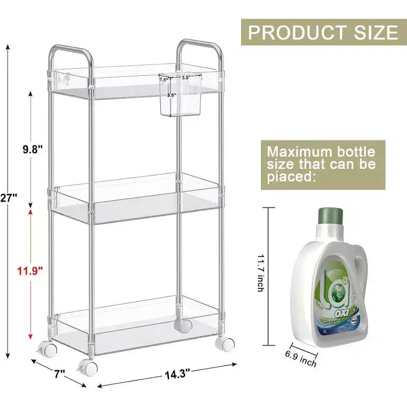Chariot de rangement roulant en acrylique à 3 niveaux, organisateur de salle de bain transparent avec roulettes, étagères extensibles, crochets et porte-gobelet pour la buanderie, le bureau et la chambre