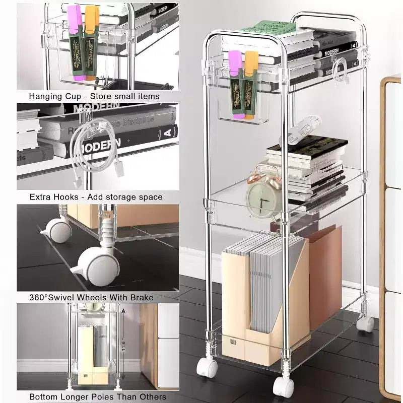 Chariot de rangement roulant en acrylique à 3 niveaux, organisateur de salle de bain transparent avec roulettes, étagères extensibles, crochets et porte-gobelet pour la buanderie, le bureau et la chambre