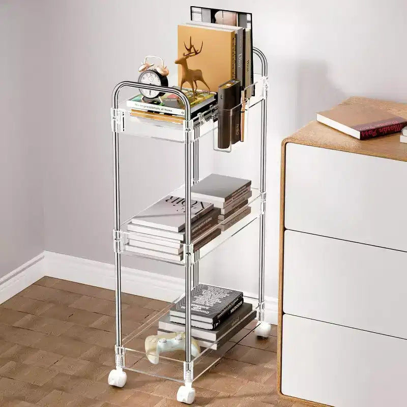 Chariot de rangement roulant en acrylique à 3 niveaux, organisateur de salle de bain transparent avec roulettes, étagères extensibles, crochets et porte-gobelet pour la buanderie, le bureau et la chambre