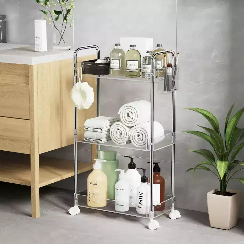 Chariot de rangement roulant en acrylique à 3 niveaux, organisateur de salle de bain transparent avec roulettes, étagères extensibles, crochets et porte-gobelet pour la buanderie, le bureau et la chambre